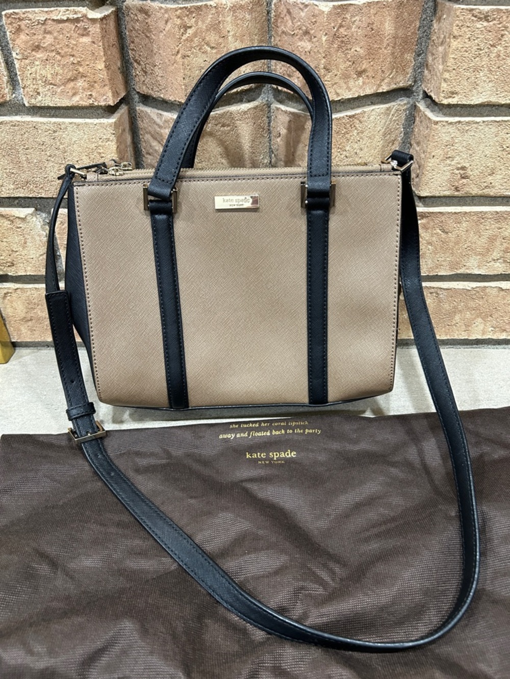 Kate Spade  New York Saffiano Leather Top Handle Bag Tan & Black.